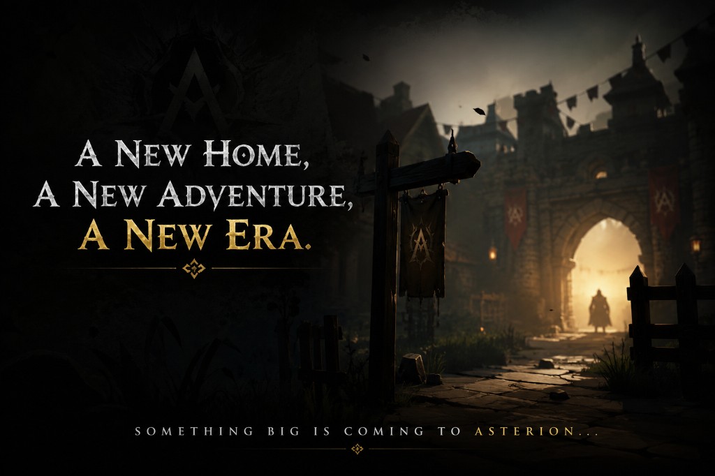 Teaser for Asterion’s new Home — a stone gateway glowing at dusk with a lone figure in the passage